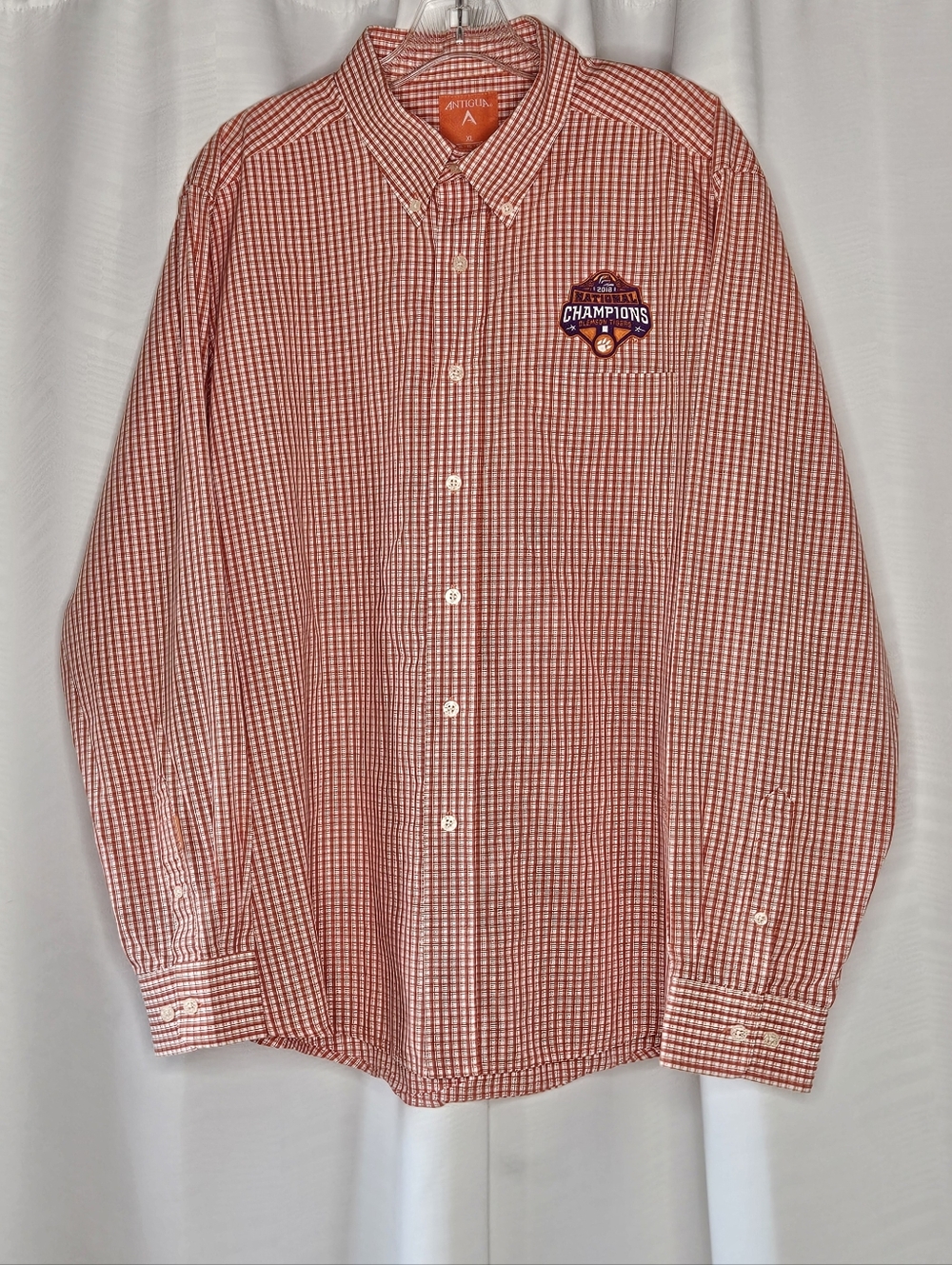 Antiqua orange/white plaid shirt XL w/ patch for Clemson National Champions 2018